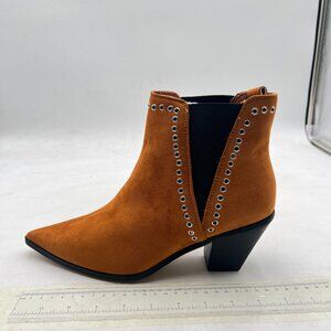 Brown Pointed Toe Ankle Boots Side Low Heel Booties with Studs Casual Work Shoes